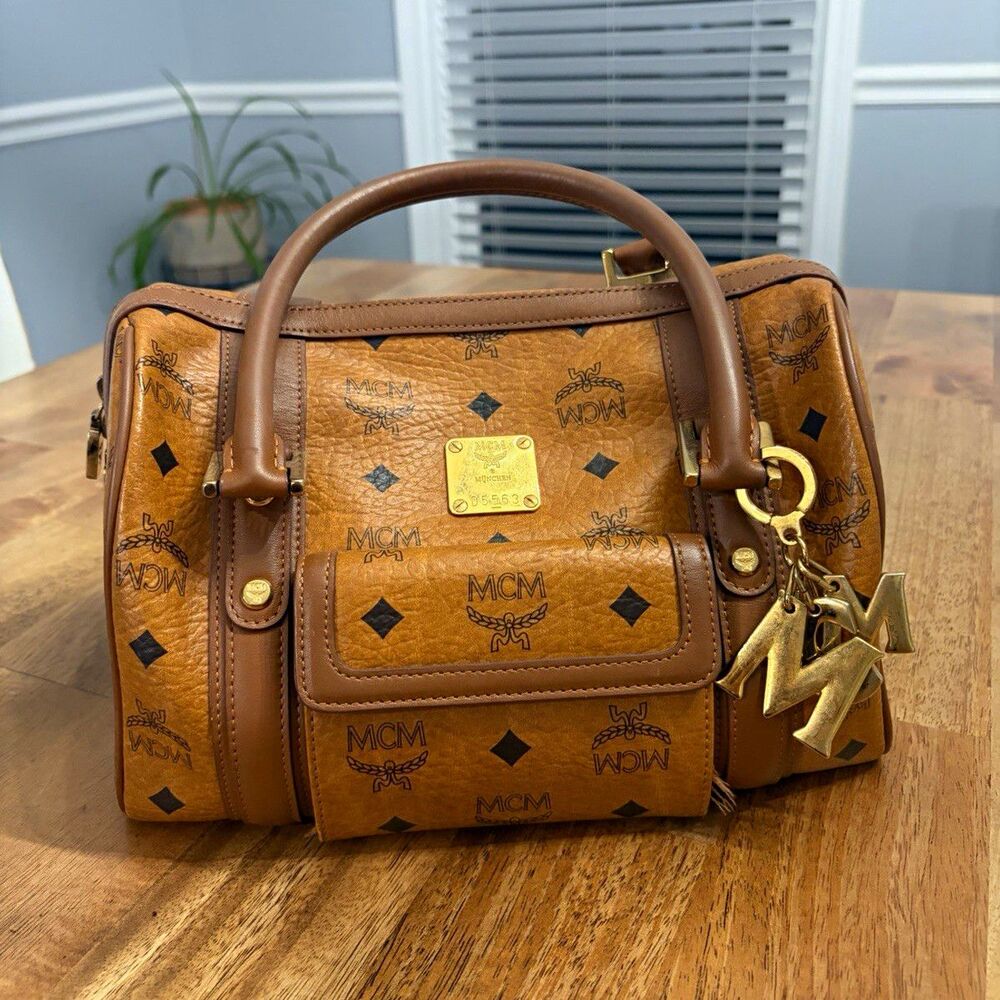 MCM Brown Visetos Monogram Satchel Top Handle Zip Bag Charm Gold Hardware